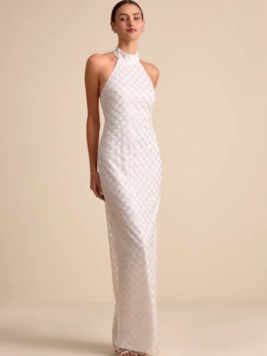 Lulus White Halter Neck Beaded Evening Gown